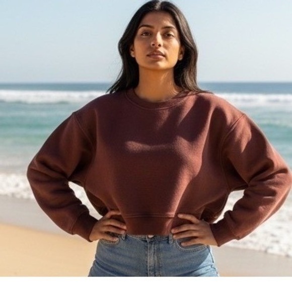 ZARA‎  NWT JOIN LIFE Plush  Brown Cropped Sweatshirt Size M - Picture 2 of 7